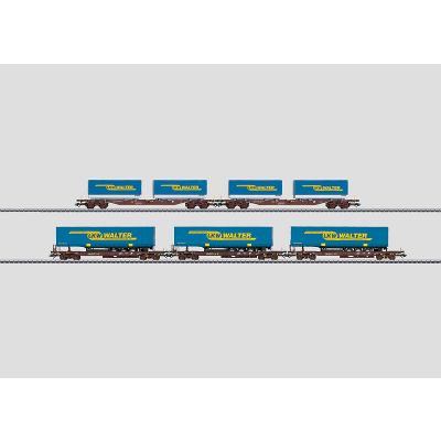 Sdgkkmss Sgnss ÖBB | Gauge H0 - Article No. 47075 Flat Car Set with Semi-Truck Trailers and Convertible Truck Transport Units.